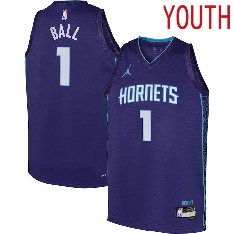 Youth Charlotte Hornets #1 LaMelo Ball Jordan Brand Purple 2022-23 Swingman NBA Jersey->youth nba jersey->Youth Jersey